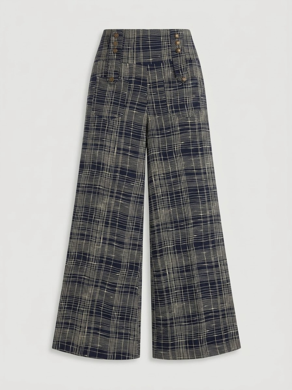 Effie's Heart Navy Blue Grid Plaid High Waist Wide Leg Sailor Pants Size Small